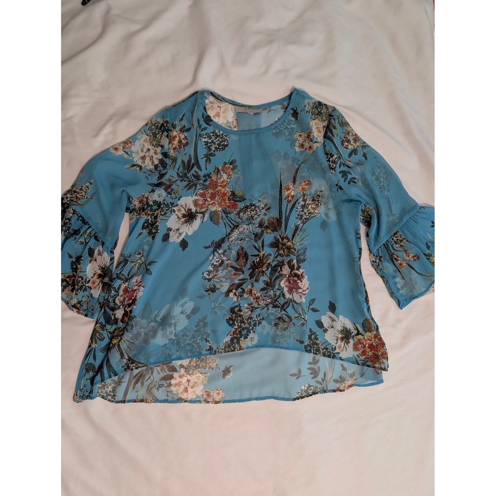 Bryn Walker Floral Chiffon Bell Sleeve High Low Tunic Blouse Blue/Turquoise Sz M